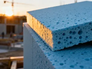 Paleta z równo ułożonymi pustakami ceramicznymi typu Max na placu budowy.