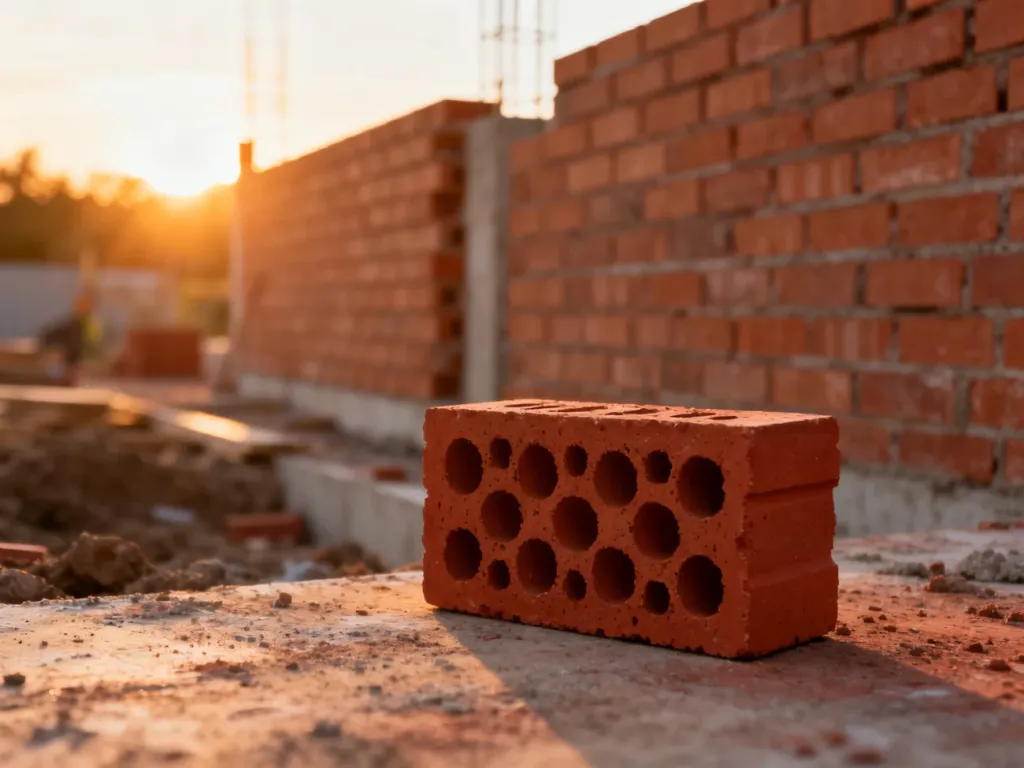 Pojedynczy pustak ceramiczny na placu budowy w świetle zachodzącego słońca, z rozmazanym murem w tle.