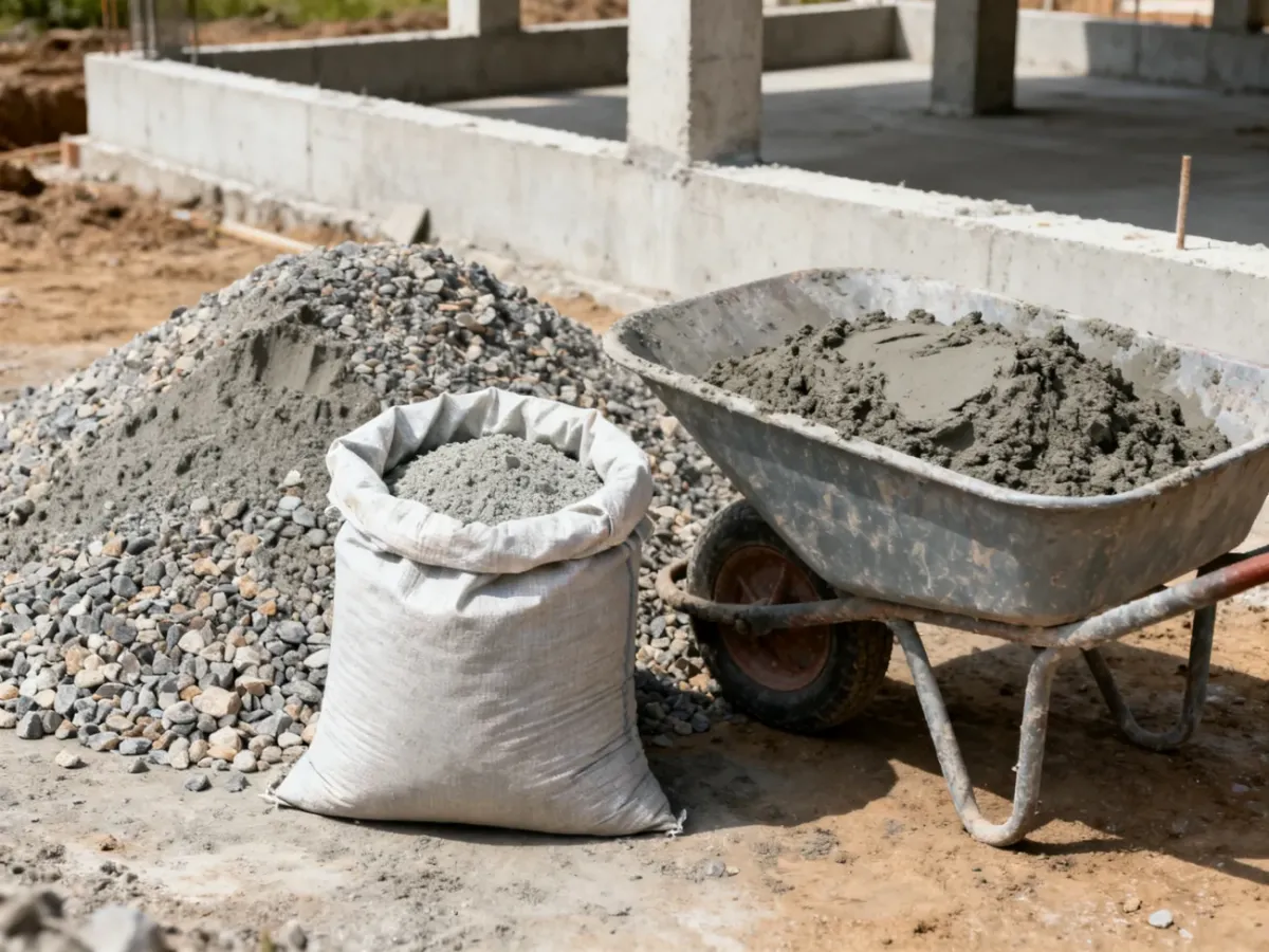 Cement powder, aggregate and fresh concrete beside a building foundation