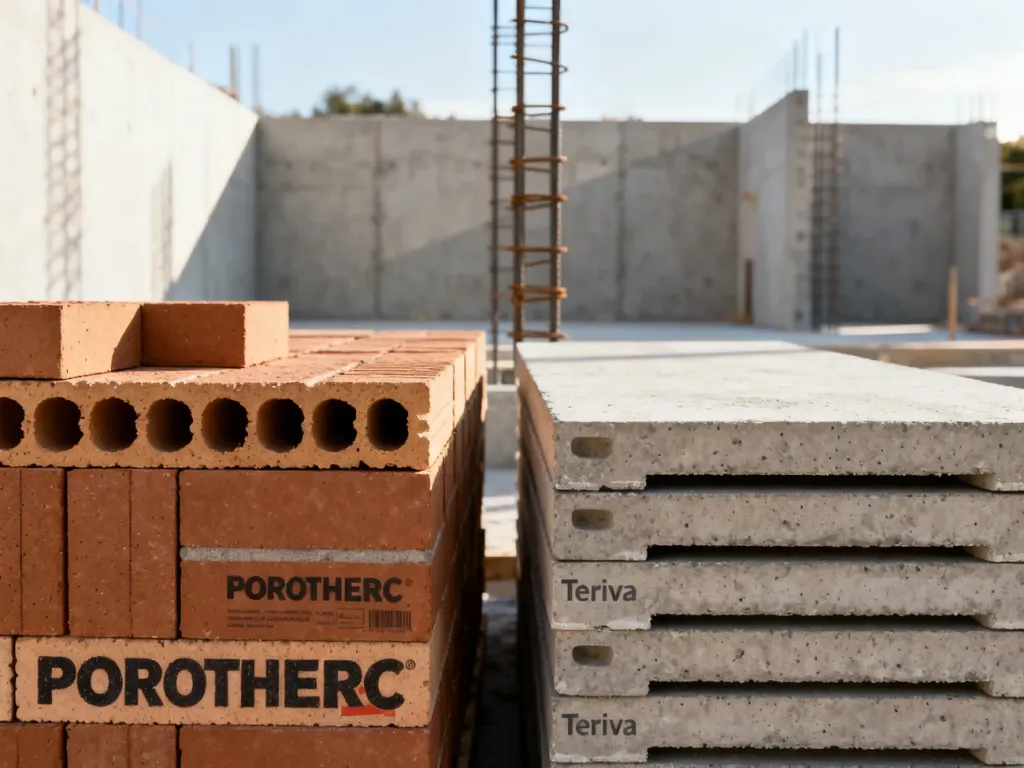 Porównanie elementów stropów ceramicznych Porotherm i betonowych Teriva na placu budowy.