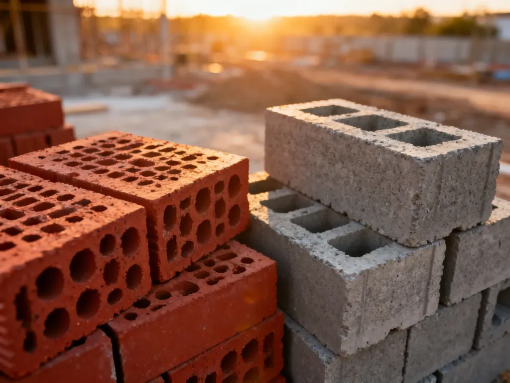 Porównanie czerwonych pustaków ceramicznych i szarych bloczków betonowych na placu budowy w świetle wschodzącego słońca.