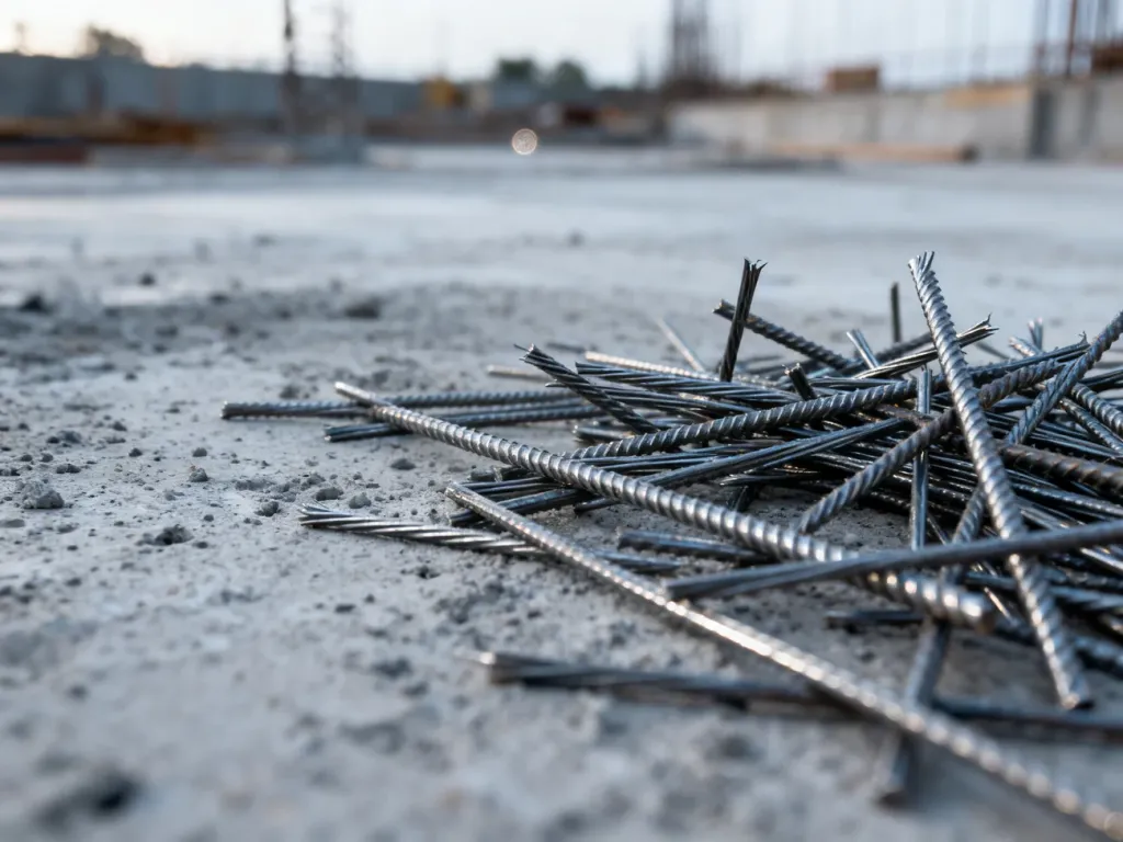 Stalowe włókna zbrojeniowe rozsypane na betonowym podłożu, obrazujące proces zbrojenia rozproszonego w budownictwie.